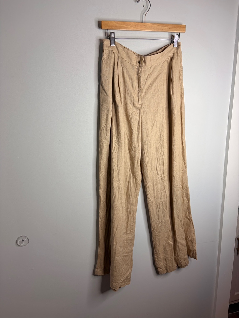 Magaschoni Beige Tan boho Beachy Wide Leg Pants 100% Linen Medium